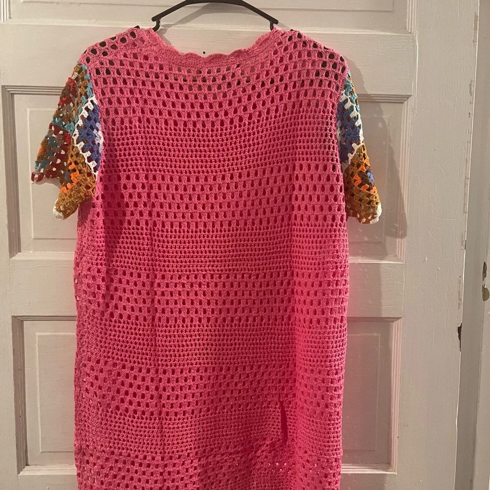 OUKODS Pink Crochet Top with Multicolor Sleeves